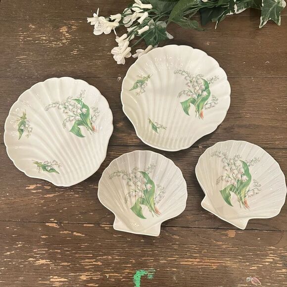 Limoges France Vintage Porcelain Lily Of The Valley Shell Dishes Big & Small 4pc - Picture 1 of 9